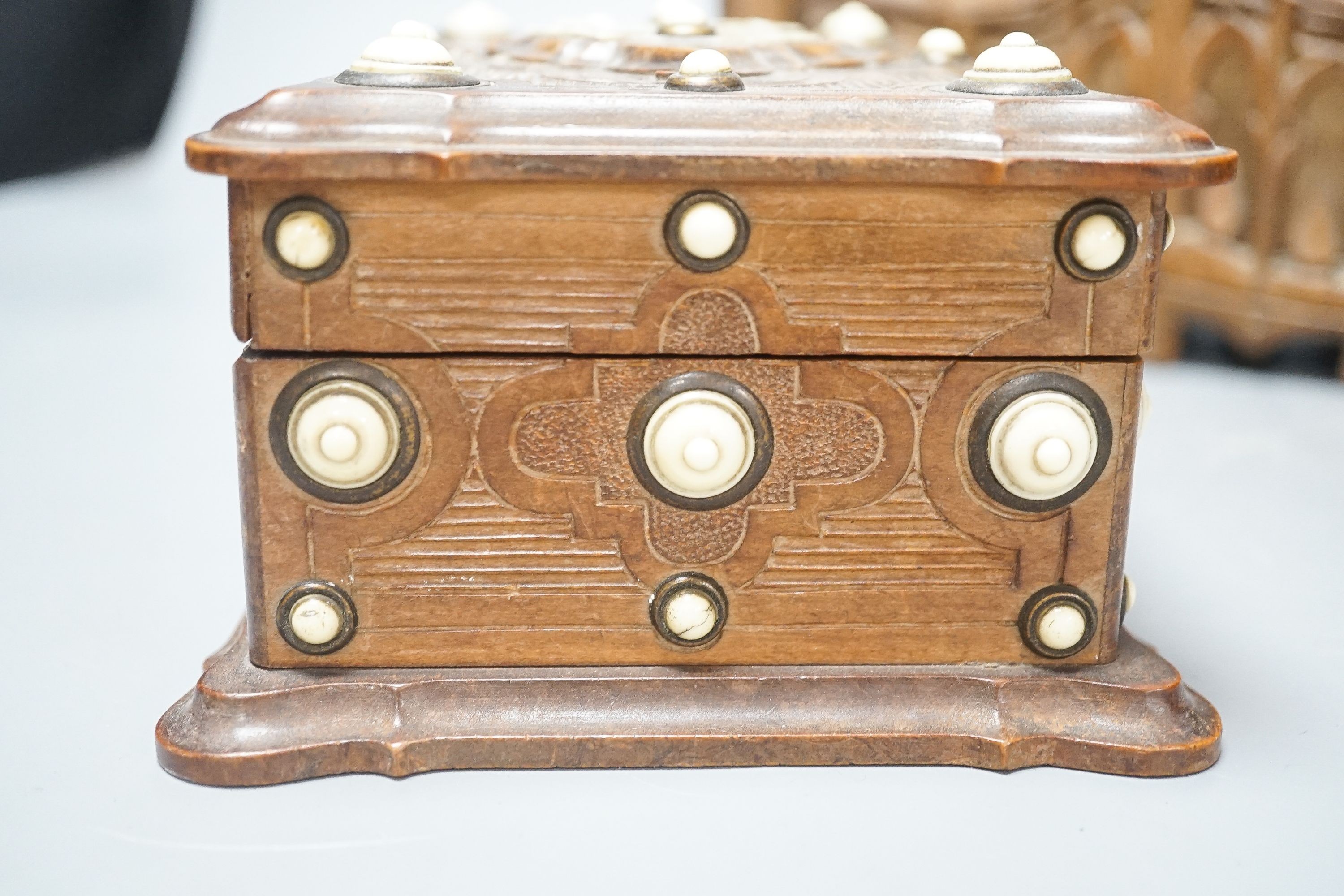 An Ivory mounted fruitwood box and a gothic style letter rack 25cm